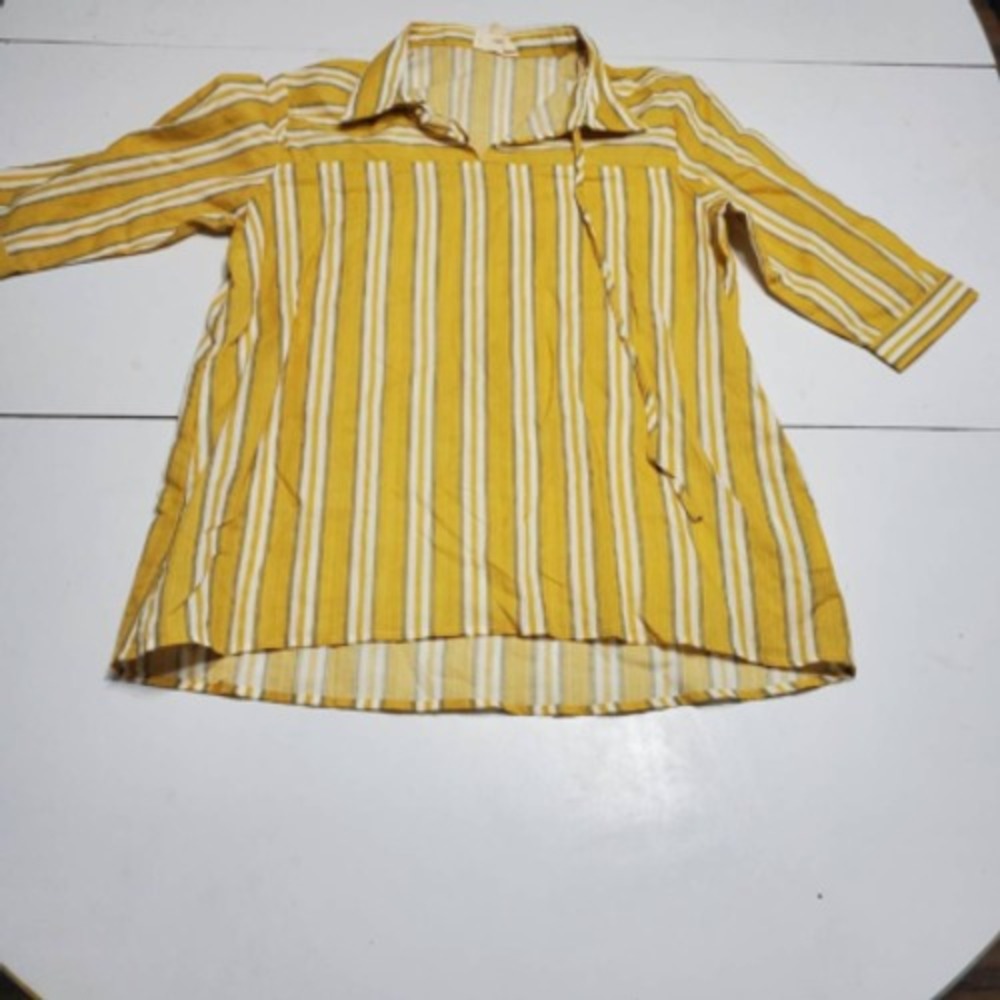 Love Womens Blouse Yellow White Stripe 3/4 Sleeve Collared Keyhole Neck Tie S